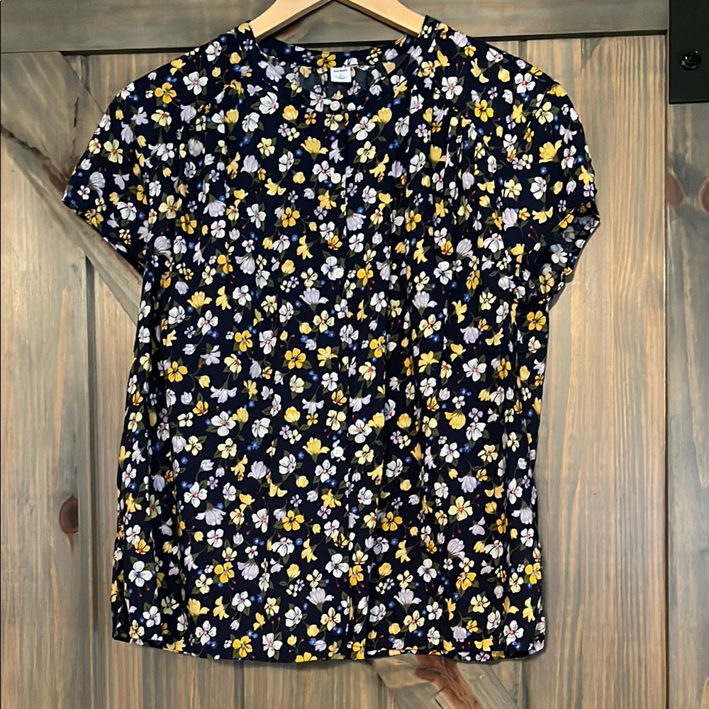 Old Navy Floral Short Sleeve Top - Navy and Yellow Size L